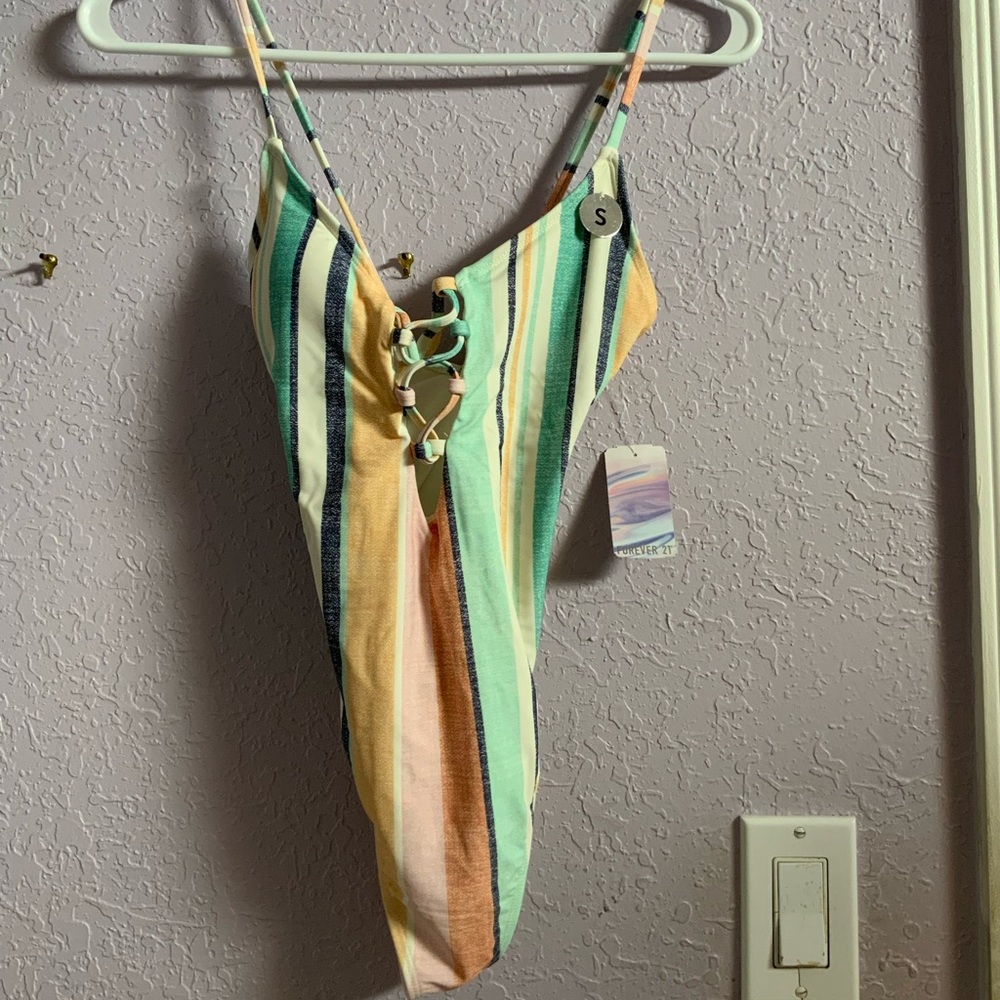 F21 NEW MultiColor Striped Print One Piece Swim
